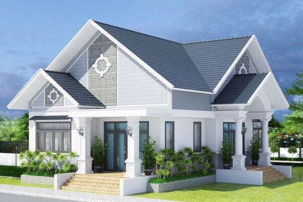 Nhà mái Thái sử dụng màu sơn trắng kết hợp mái ghi xám tạo vẻ đẹp hiện đại và sang trọng
