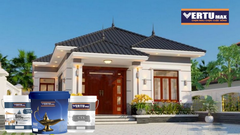 Mẫu màu sơn nhà đẹp cho biệt thự mái Thái với tường màu kem và mái xanh đậm hiện đại