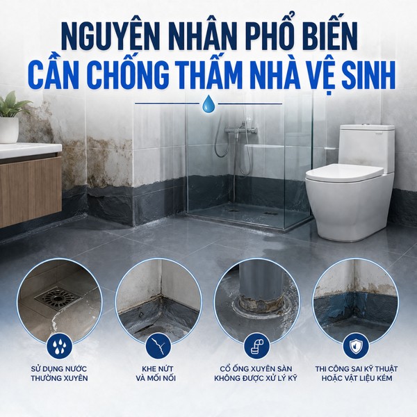 Nguyên nhân phổ biến cần chống thấm nhà vệ sinh gồm cổ ống xuyên sàn khe nứt và vật liệu kém
