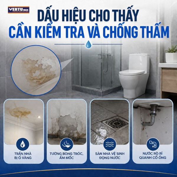 Dấu hiệu cần chống thấm nhà vệ sinh bao gồm trần nhà ố vàng tường bong tróc ẩm mốc và rò rỉ cổ ống