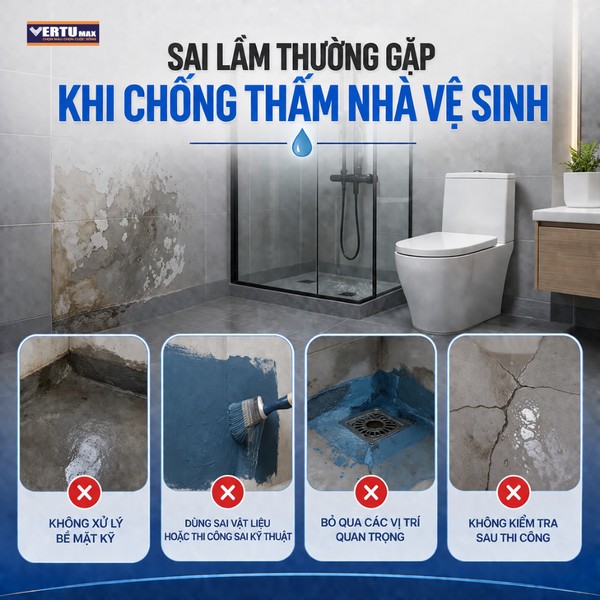 Sai lầm thường gặp khi chống thấm nhà vệ sinh như dùng sai vật liệu không xử lý bề mặt và bỏ qua vị trí quan trọng