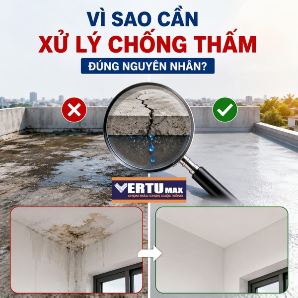 So sánh hiệu quả xử lý chống thấm đúng nguyên nhân, bao gồm hình ảnh vết nứt trần nhà rò rỉ nước và trần nhà khô ráo, thẩm mỹ