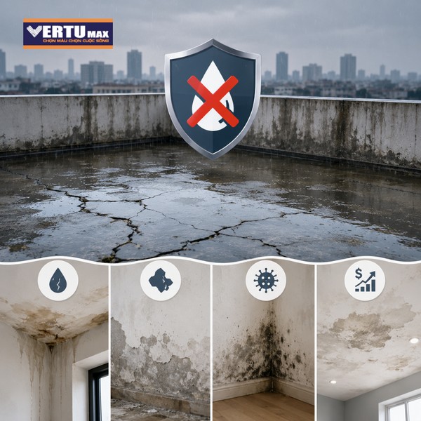 Hình ảnh minh họa các hậu quả của việc xử lý chống thấm không đúng kỹ thuật trên một sân thượng