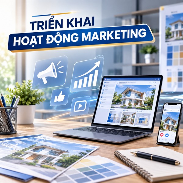 Hình ảnh minh họa hoạt động marketing khi kinh doanh sơn Vertumax, với laptop, điện thoại, tài liệu giới thiệu sản phẩm và các biểu tượng quảng bá trực tuyến.