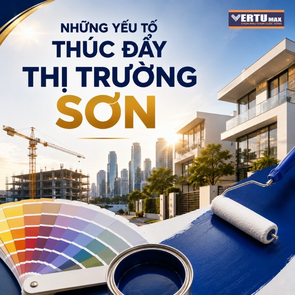 Hình ảnh minh họa kinh doanh sơn Vertumax với bảng màu sơn, con lăn và thùng sơn, đặt trong bối cảnh khu đô thị đang phát triển và nhiều công trình xây dựng.