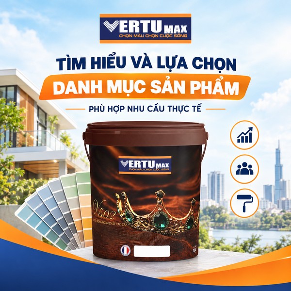 Thùng sơn Vertumax đặt cạnh bảng màu sơn, minh họa việc lựa chọn danh mục sản phẩm phù hợp với nhu cầu khách hàng khi đăng ký kinh doanh đại lý sơn.