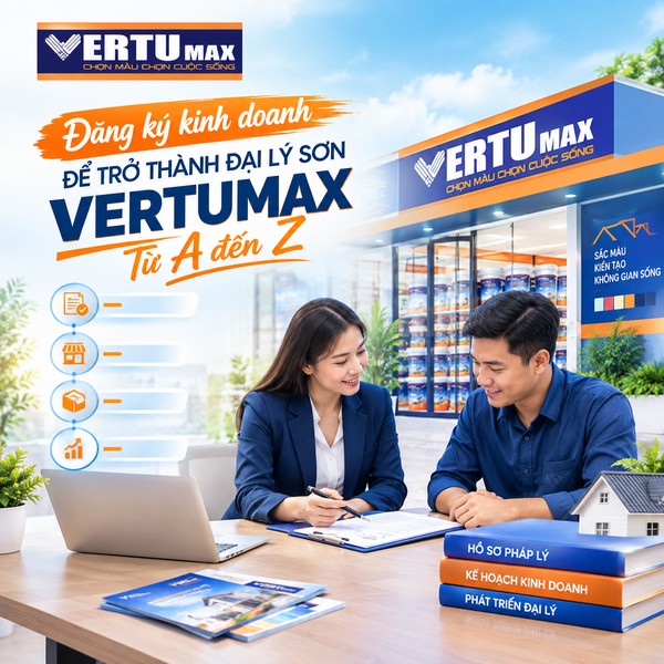 Hai người đang trao đổi và ghi chép hồ sơ tại bàn làm việc về việc đăng ký kinh doanh, bên cạnh laptop, tài liệu kinh doanh và mô hình ngôi nhà, phía sau là cửa hàng sơn Vertumax.