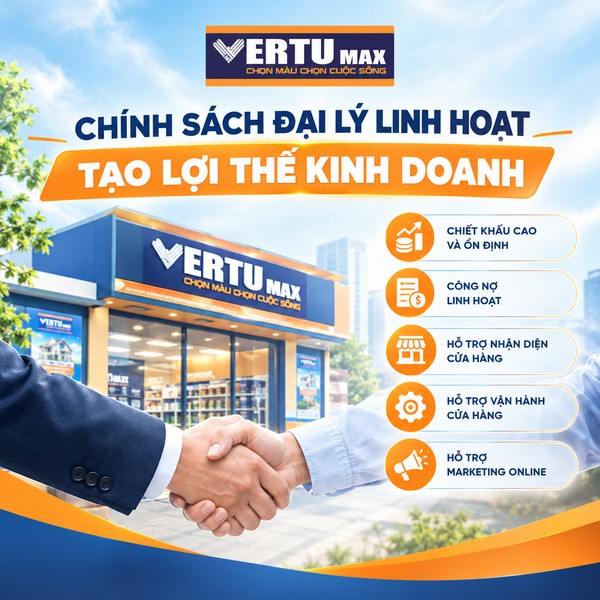Cửa hàng sơn Vertumax và hình ảnh đối tác bắt tay, minh họa chính sách chiết khấu, công nợ linh hoạt và hỗ trợ vận hành khi đăng ký kinh doanh đại lý sơn.