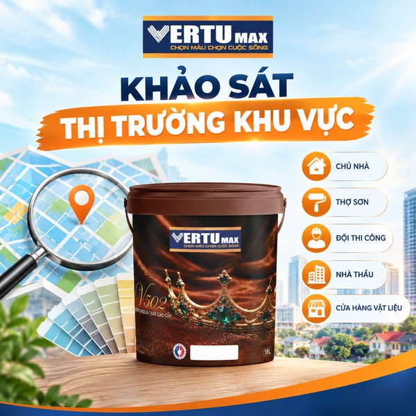 Hình ảnh khảo sát thị trường khu vực với bản đồ, bảng màu sơn và sản phẩm Vertumax, hỗ trợ định hướng đăng ký kinh doanh đại lý sơn.