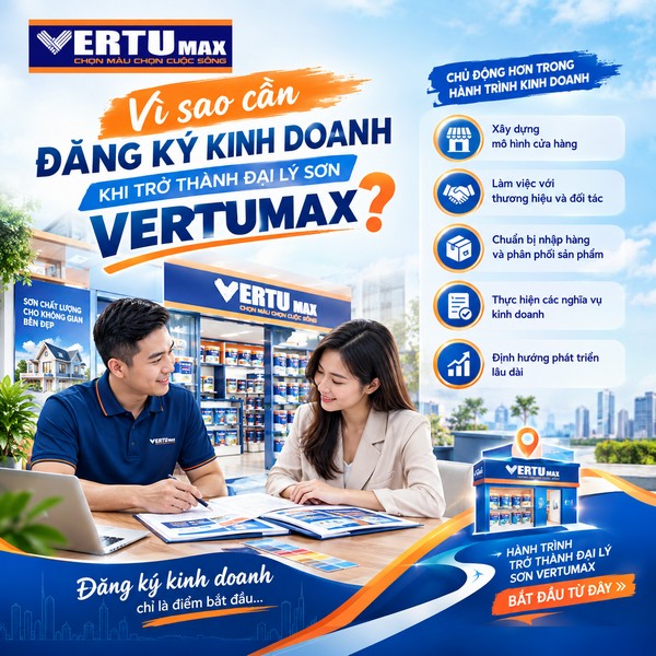 Hai người đang trao đổi tài liệu kinh doanh tại bàn, phía sau là cửa hàng sơn Vertumax; bên cạnh có các biểu tượng về mô hình cửa hàng, hợp tác, phân phối và phát triển kinh doanh.