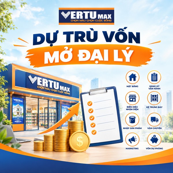 Hình ảnh cửa hàng sơn Vertumax cùng các biểu tượng dự trù vốn, mặt bằng, đăng ký vận hành, nhập hàng và marketing khi mở đại lý.